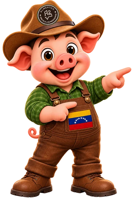 Morochito, cerdo vaquero con el sello de Los Morochos en el sombrero y la bandera de Venezuela en la braga